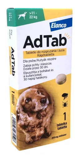 Akciós AdTab rágótabletta kutyáknak 11-22kg 1db (A termék lejárati ideje: 2026.06.30.)