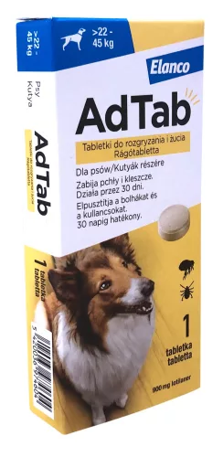 Akciós AdTab rágótabletta kutyáknak 22-45kg 1db (A termék lejárati ideje: 2026.05.30.)