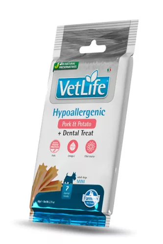 Vet Life Hypoallergenic Pork&Potato Dog Mini 60g - fogtisztító kutyáknak