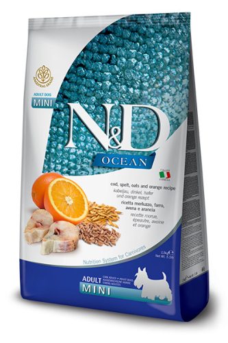 N&D Ocean Dog Cod Adult Mini 800g - kutya száraztáp tőkehal, tönköly, zab, narancs