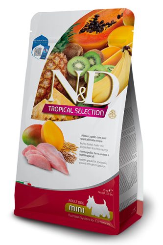 N&D Tropical Selection Dog Chicken Adult Mini 1,5kg - kutya száraztáp csirke, tönkölybúza, zab, trópusi gyümölcsök