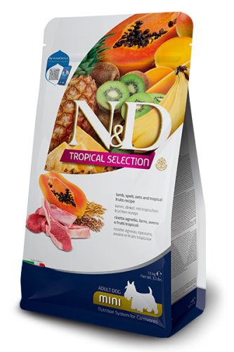 N&D Tropical Selection Dog Lamb Adult Mini 1,5kg - kutya száraztáp bárány, tönkölybúza, zab, trópusi gyümölcsök