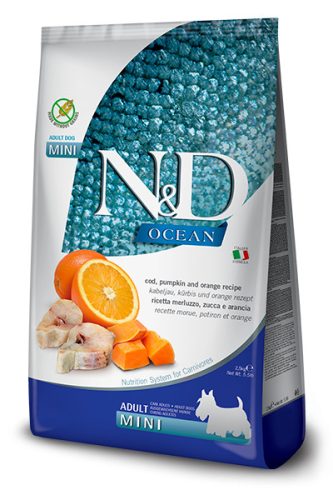 N&D Ocean Dog Cod Adult Mini 2,5kg - kutya száraztáp tőkehal, sütőtök, narancs