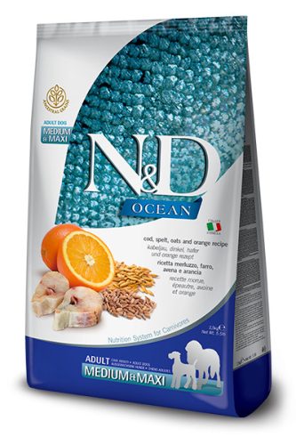 N&D Ocean Dog Cod Adult Medium/Maxi 2,5kg - kutya száraztáp tőkehal, tönköly, zab, narancs