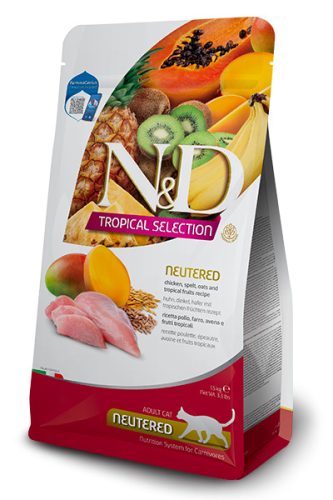 N&D Tropical Selection Neutered Cat Adult Chicken 4+1kg - ivartalanított macska száraztáp csirke, tönköly, zab, trópusi gyümöcsök