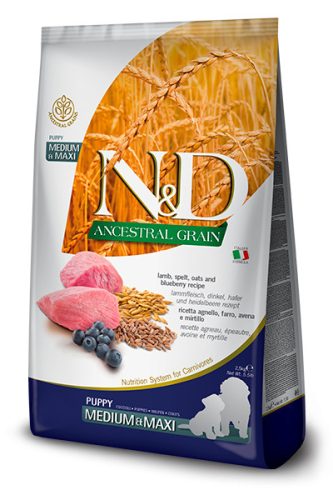 N&D Ancestral Grain Dog Lamb Puppy Medium/Maxi 12kg - kölyök kutya száraztáp bárány, tönköly, zab, áfonya