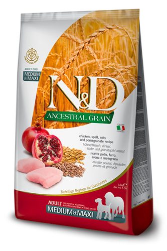 N&D Ancestral Grain Dog Chicken Adult Medium/Maxi 12kg - kutya száraztáp csirke, tönköly, zab, gránátalma