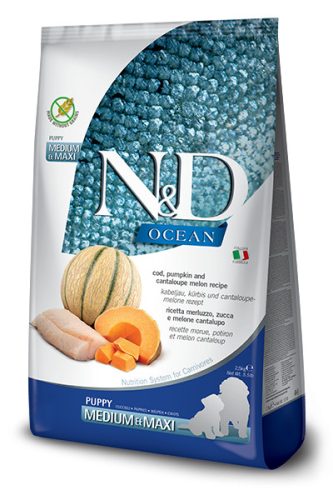 N&D Ocean Dog Cod Puppy Medium/Maxi 12kg - kölyök kutya száraztáp tőkehal, sütőtök, sárgadinnye